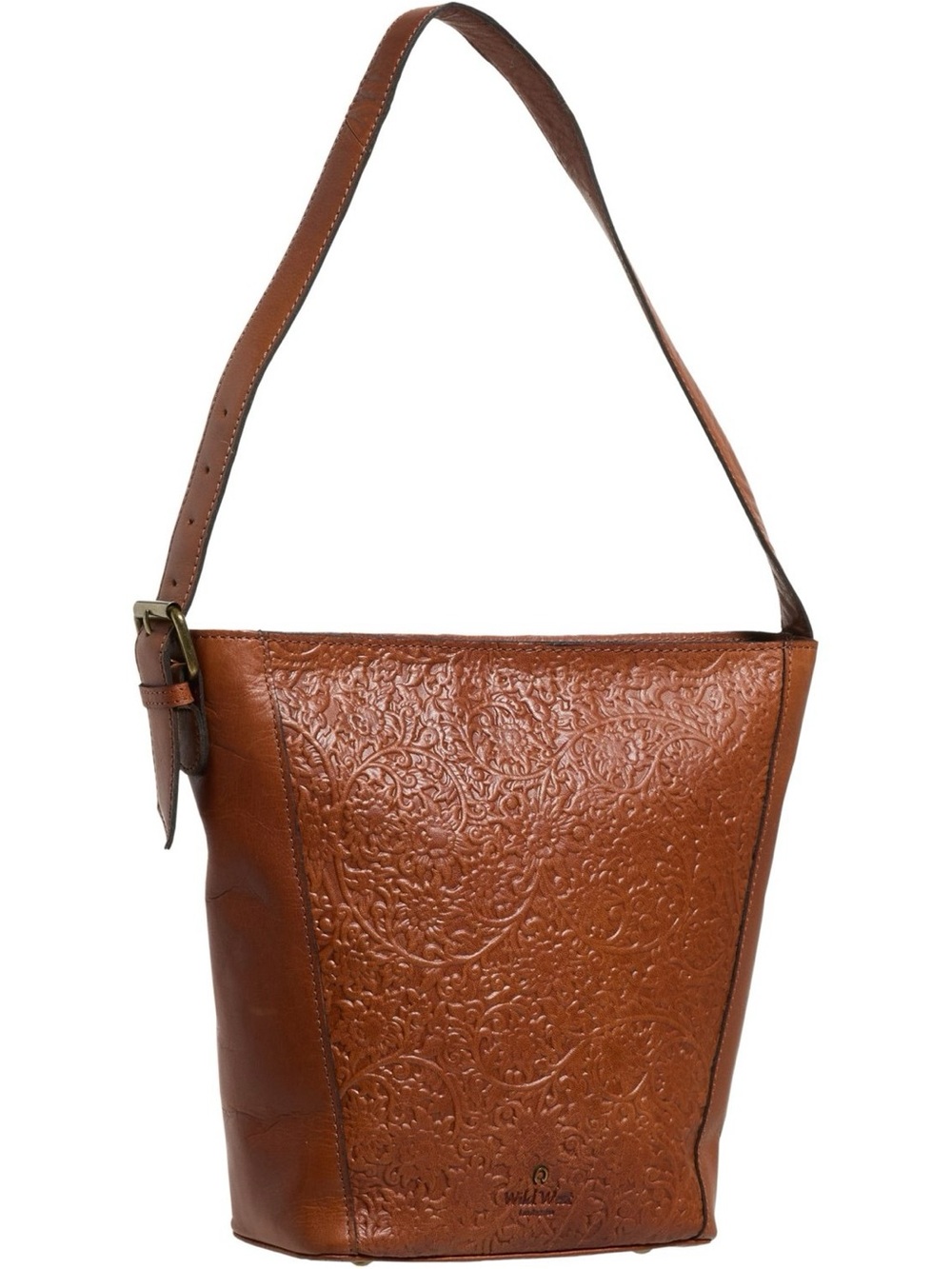 NWT WILD WEST Payton Tulip Bucket Bag - Embossed Brown Leather - Zipper Closure